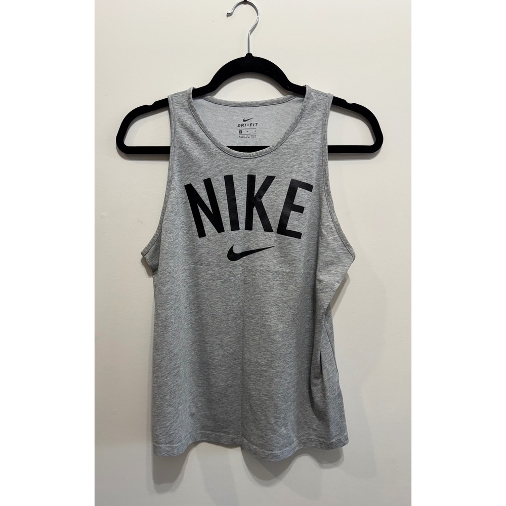 Nike Womens Dri-FIT Graphic Tank Top Grey Heather Black Logo Sleeveless Shirt M
